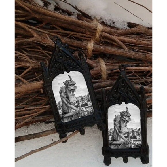 Gothic Dangle Drop Earrings Black and White Artwork - Picture 2 of 2